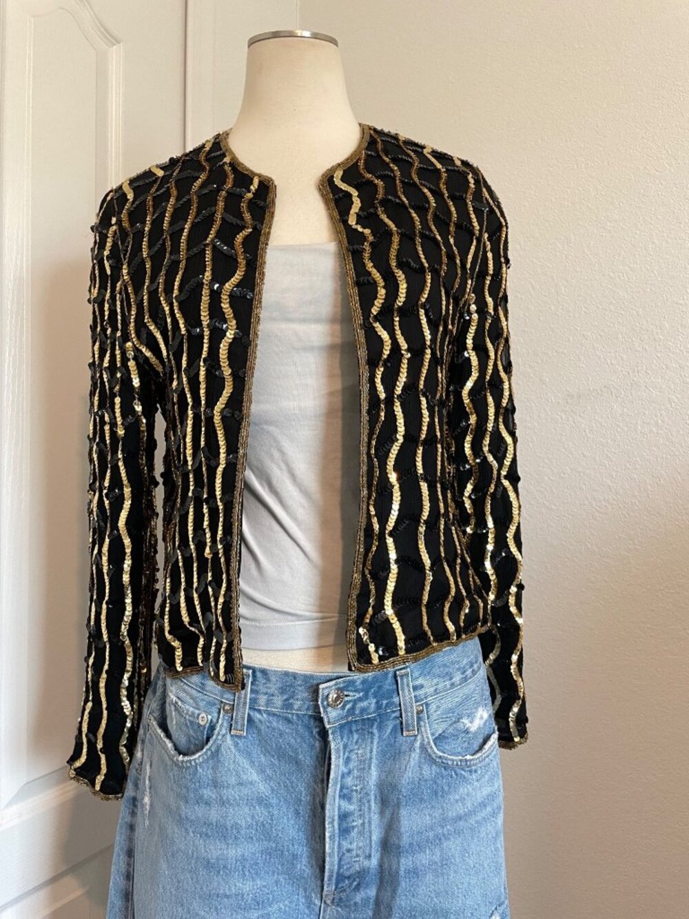 Vintage 1990s Nite Line Maximalist Black + Gold Silk Sequin Top Women’s Medium - Picture 7 of 16